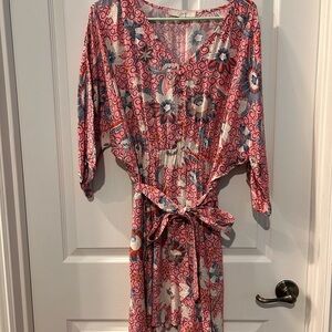 LOFT Red and Blue Patterned Midi Dress